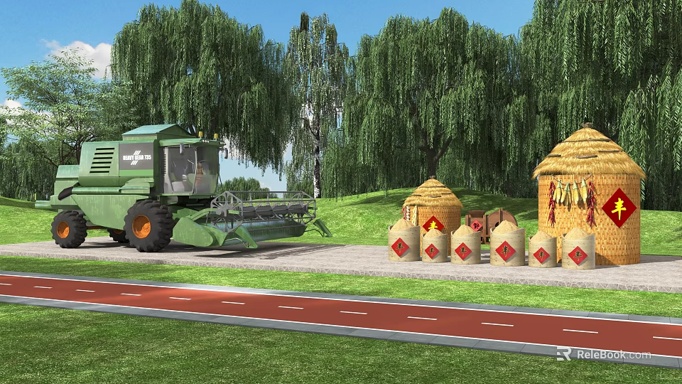 Garden Ornaments With Straw Stacks Grain Bags And Combine Harvester Near Willow Trees 3d model 