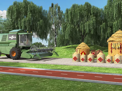 Garden Ornaments With Straw Stacks Grain Bags And Combine Harvester Near Willow Trees 3d model