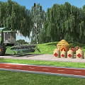 Garden Ornaments With Straw Stacks Grain Bags And Combine Harvester Near Willow Trees