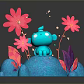 Adorable Blue Character Sitting On Blue Platform With Pink Flowers And Glowing Particles