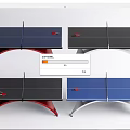 Colorful Ping Pong Tables With Blue Black Surfaces And Red White Legs