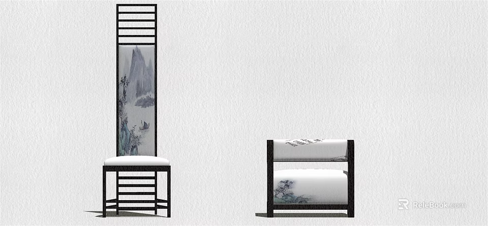 Chinese Style Leisure Chair With Ink Landscape Pattern Wooden Frame And Decorative Screen 3d model 
