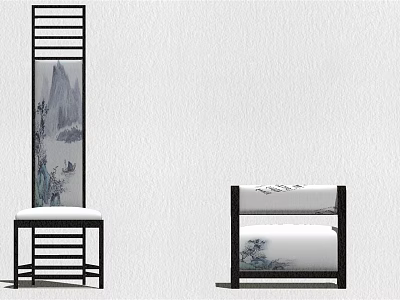 Chinese Style Leisure Chair With Ink Landscape Pattern Wooden Frame And Decorative Screen 3d model
