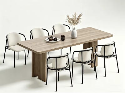 Modern Wooden Dining Table With Six Chairs White Cushions Black Frames Vase And Decorative Items 3d model
