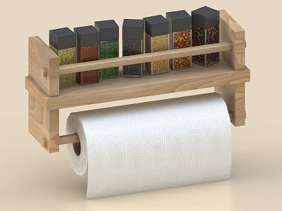Wooden Kitchen Rack With Spice Jars And Hanging Paper Towel Holder 3d model