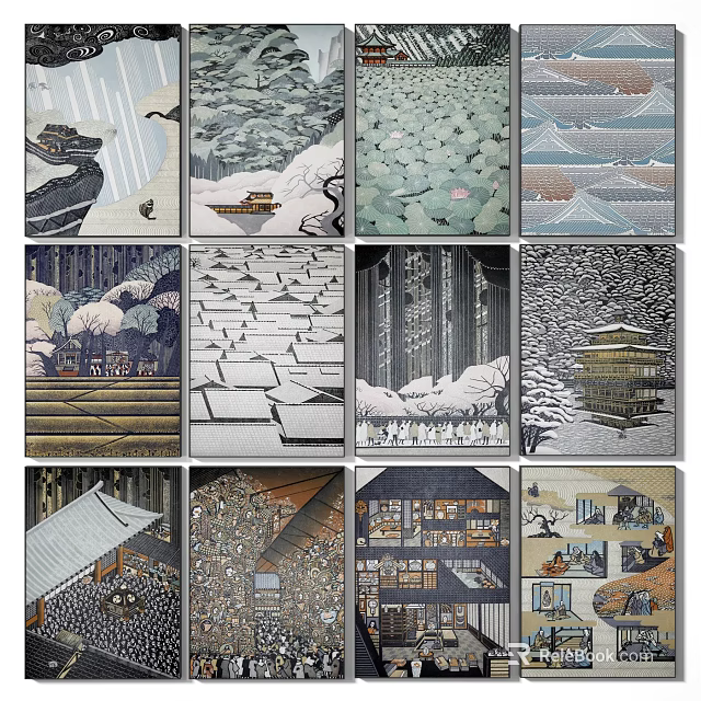 Japanese Traditional Decorative Paintings With Scenic Landscapes Architecture And Cultural Elements 3d model 