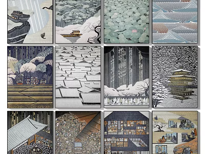 Japanese Traditional Decorative Paintings With Scenic Landscapes Architecture And Cultural Elements 3d model