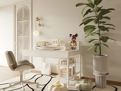Modern White Desk With Comfortable Chair Large Plant Decorative Clock and Mickey Mouse Figurine 3d model