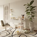 Modern White Desk With Comfortable Chair Large Plant Decorative Clock and Mickey Mouse Figurine