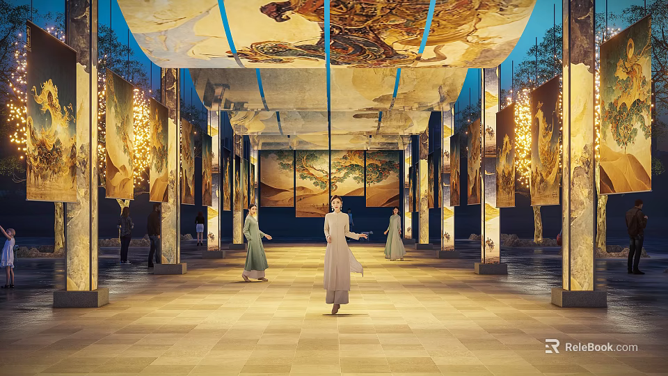 Garden Landscape Corridor With Ceiling Paintings Lit Pillars Stone Floor And People In Traditional Costumes 3d model 