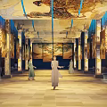 Garden Landscape Corridor With Ceiling Paintings Lit Pillars Stone Floor And People In Traditional Costumes