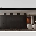 Modern Public Restroom With Corridor Layout Marble Countertops Dark Flooring Wooden Walls And Mirrors