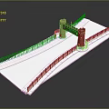 Architectural Model Structure With Red Brick Towers And Black Railings On White Platform