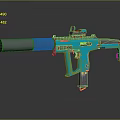 Modern Turquoise Tactical Firearm With Black Barrel Scope And Yellow Accents
