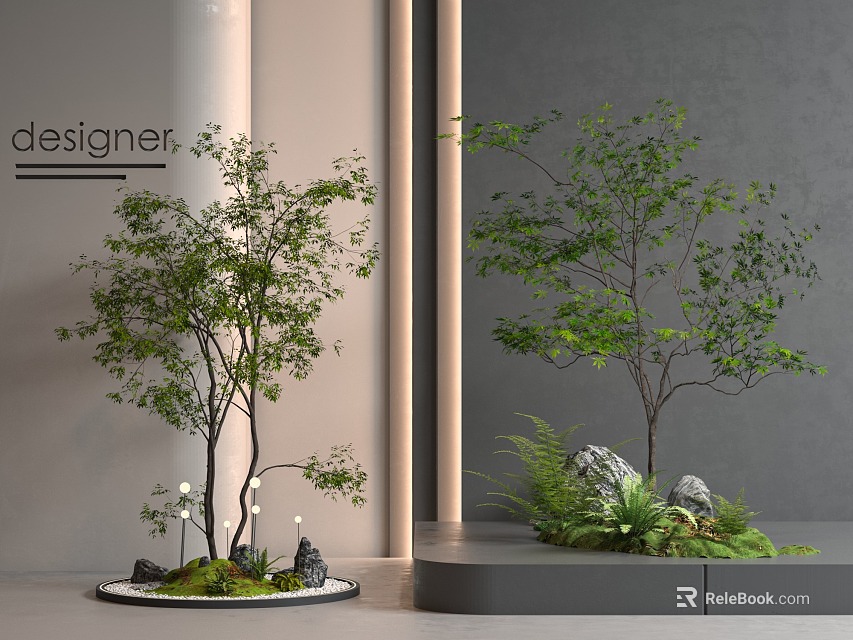 Modern Indoor Bonsai Plant Decor With Green Leaves Moss Stones And Fern Accents 3d model 