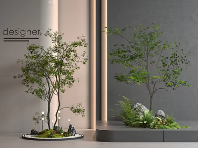Modern Indoor Bonsai Plant Decor With Green Leaves Moss Stones And Fern Accents 3d model