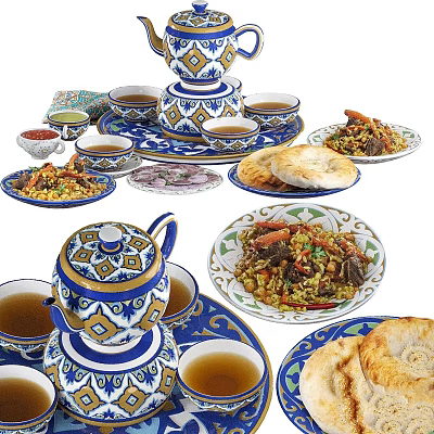 Traditional Eastern Food with Blue White Patterned Teapot Teacups and Meat Rice Flatbread 3d model