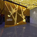 Yellow Interior Design With Cut Out Leaf Ceiling Vertical Branch Decoration And Shiny Floor