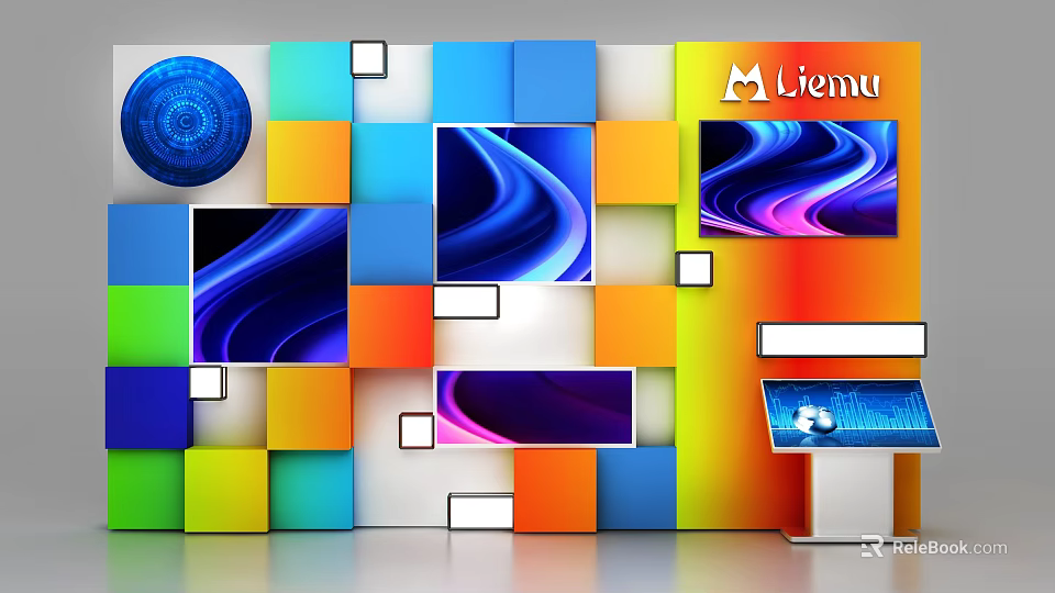 Commercial Equipment Display with Colorful Square Panel Wall Multiple Digital Screens and Liemu Brand Stand 3d model 