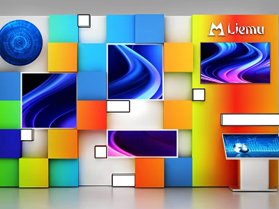 Commercial Equipment Display with Colorful Square Panel Wall Multiple Digital Screens and Liemu Brand Stand 3d model