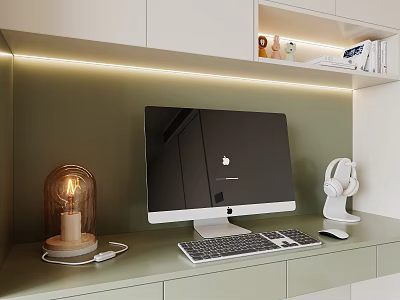 Modern Work Desk Decorative Ornament Set With Computer Monitor Table Lamp And Headphones 3d model