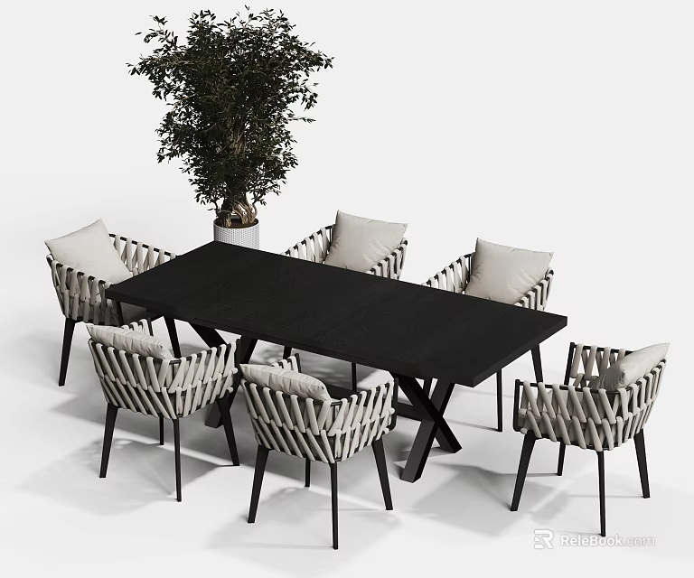 Modern Black Outdoor Table With Woven Dining Chairs And Large Potted Plant 3d model 