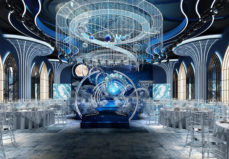 Luxurious Banquet Hall Interior With Spiral Crystal Chandelier Elegant Stage And Dining Tables 3d model 