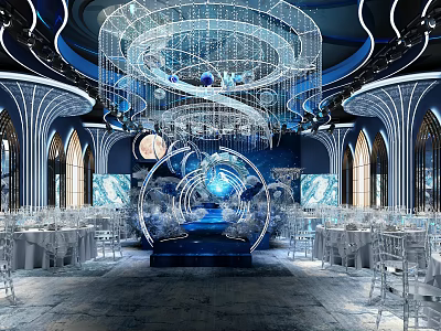 Luxurious Banquet Hall Interior With Spiral Crystal Chandelier Elegant Stage And Dining Tables 3d model