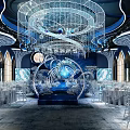 Luxurious Banquet Hall Interior With Spiral Crystal Chandelier Elegant Stage And Dining Tables