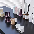 Perfume and Cosmetic Products Various Colored Bottles and Jars on Black Table
