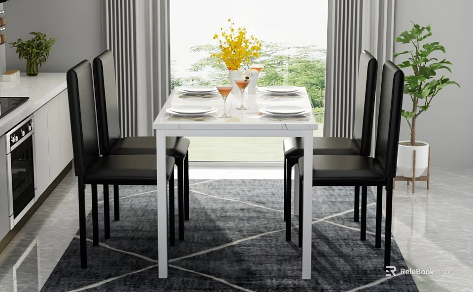 Modern Dining Room Interior With White Table Black Chairs Yellow Flowers And Geometric Rug 3d model 