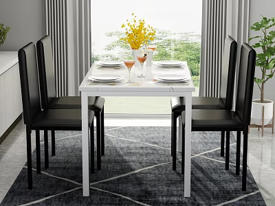 Modern Dining Room Interior With White Table Black Chairs Yellow Flowers And Geometric Rug 3d model