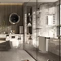 Modern Bathroom Interior Design With Washer Dryer Mirrors Vanity Toilet And Shower Area