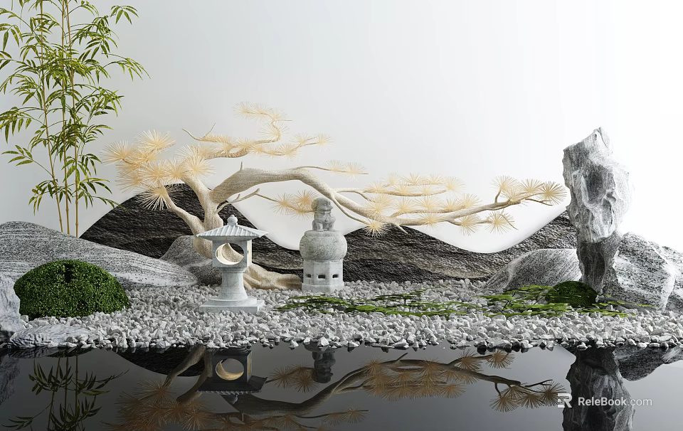Garden Ornaments Featuring Rock Formations Pine Tree Stone Lantern Pebbles and Water Reflection 3d model 