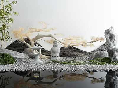Garden Ornaments Featuring Rock Formations Pine Tree Stone Lantern Pebbles and Water Reflection 3d model