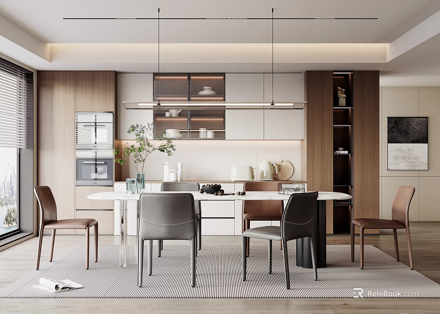 Modern Restaurant Interior With Round Dining Table Chairs Pendant Lights And Decorative Plants 3d model 