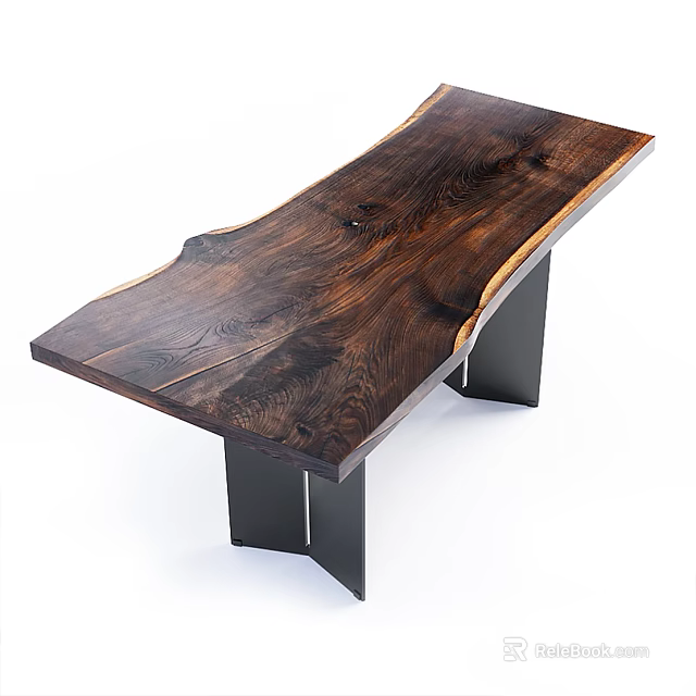 Modern Dark Wood Dining Table With Natural Grain And Black Metal Legs 3d model 