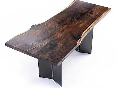 Modern Dark Wood Dining Table With Natural Grain And Black Metal Legs 3d model