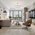 Modern Living Room Interior With Light-colored Sofa TV Wall Marble Texture Chandelier And Plants