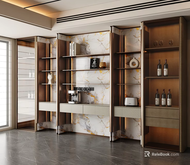 Modern Wine Cabinet with Glass Doors Marble Wall Shelves Holding Wine Bottles and Decorative Items 3d model 