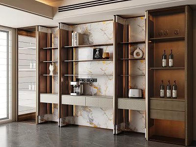 Modern Wine Cabinet with Glass Doors Marble Wall Shelves Holding Wine Bottles and Decorative Items 3d model