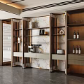 Modern Wine Cabinet with Glass Doors Marble Wall Shelves Holding Wine Bottles and Decorative Items