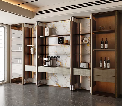 Modern Wine Cabinet with Glass Doors Marble Wall Shelves Holding Wine Bottles and Decorative Items 3d model