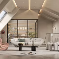 Modern Loft Style Living Room With Sloped Ceiling Skylight And Glass Door Bookshelf