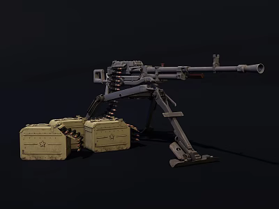 Military Heavy Machine Gun With Tripod Mount And Ammunition Cases 3d model