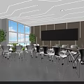 Modern School Cafeteria Interior With Bright Windows White Tables And Green Plants 3d model