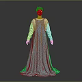 Female Character in Blue Long Dress with Gray White Sleeves Standing on Gray Background