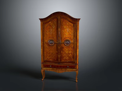 Antique Wooden Cabinet With Double Doors Circular Inlays And Bottom Drawer 3d model