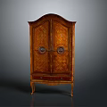 Antique Wooden Cabinet With Double Doors Circular Inlays And Bottom Drawer