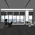 Modern Office Interior Featuring Large Windows City View Desk Computer Sofa Coffee Table Gray Carpet 3d model